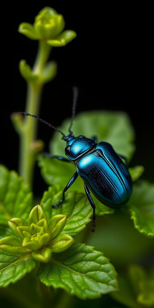 macro shot of a shiny blue beetle resting on green mint leaves with a blurred dark background, aperture f/2.8, shutter speed 1/100s, ISO 200, 50mm lens, soft focus photography, DSLR camera