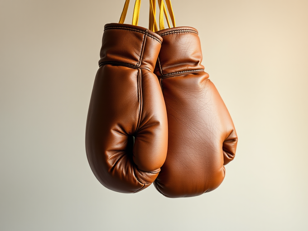 Generate an image of vintage brown boxing gloves hanging from yellow laces against a gradient background, using a DSLR camera set to f/2.8, ISO 100, and a focal length of 50mm, with a shallow depth of field to enhance focus on the gloves, in soft natural lighting.