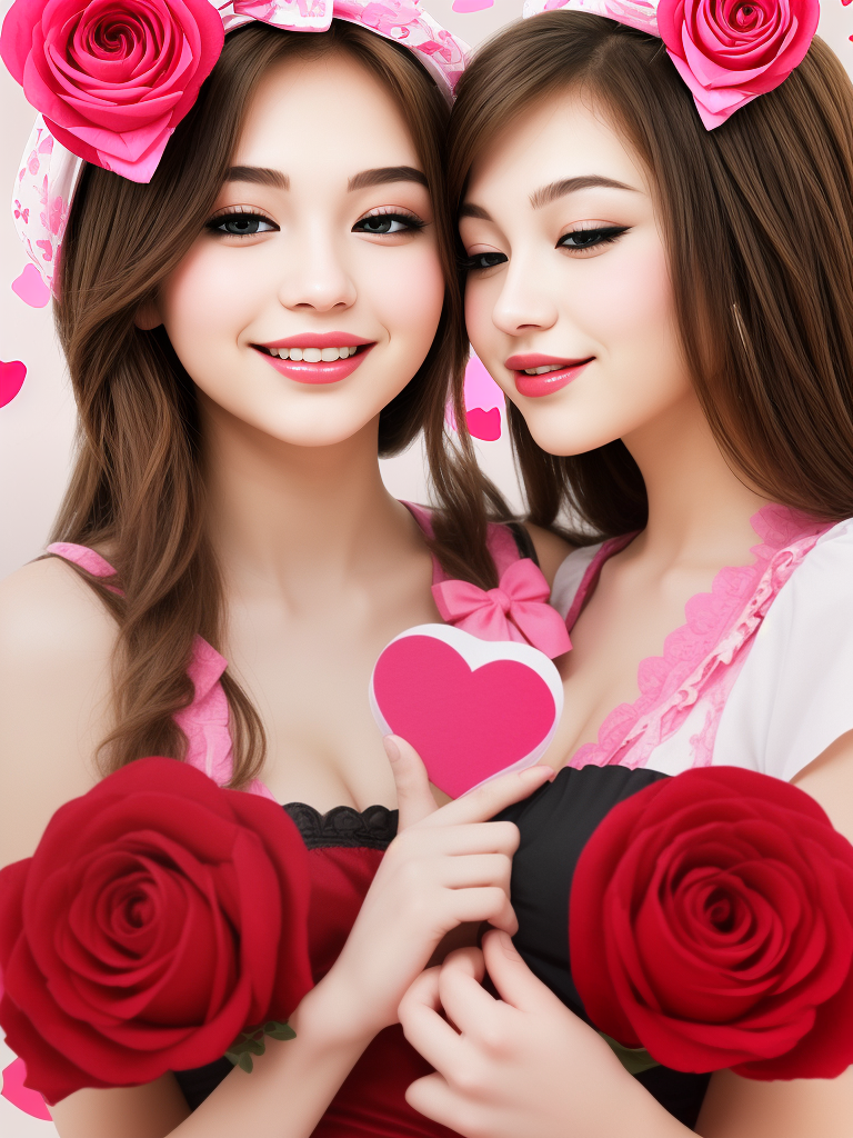 Two Friends Celebrating Love with Roses and Heart-Shaped Gifts Together