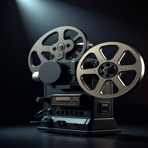 Create a highly detailed 3D render of a vintage film projector with two large reels, set against a dark background, with dramatic lighting highlighting the projector and beam of light, using a Canon EOS R5 camera, aperture f/1.8, ISO 100, 24mm focal length, and soft-focus background to enhance depth.