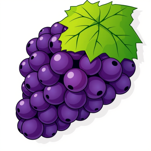 Generate a high-resolution illustration of a bunch of purple grapes with a green leaf, captured with a Canon EOS R5 camera, aperture f/2.8, shutter speed 1/250s, ISO 100, overhead view, in a vibrant and detailed cartoon style.