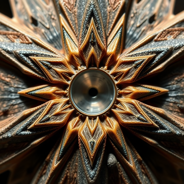 Create a high-resolution image of a geometric star shape with a circular centerpiece, taken with a DSLR camera at f/11, 1/125 sec shutter speed, ISO 100, using a macro lens for detailed texture, centered composition, and natural lighting to enhance clarity and contrast.