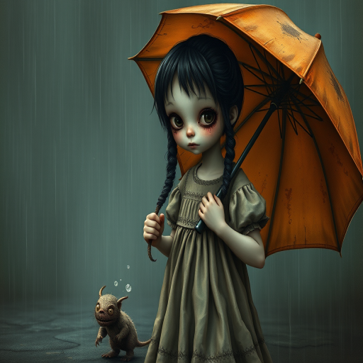 An eerie, weird little girl with dark hair in thin pigtails, wearing a smock dress, standing in the rain, holding a dirty orange umbrella, a small, odd creature beside her. In a surreal style inspired by Nicoletta Ceccoli and Brian Froud. Dark fantasy themes
