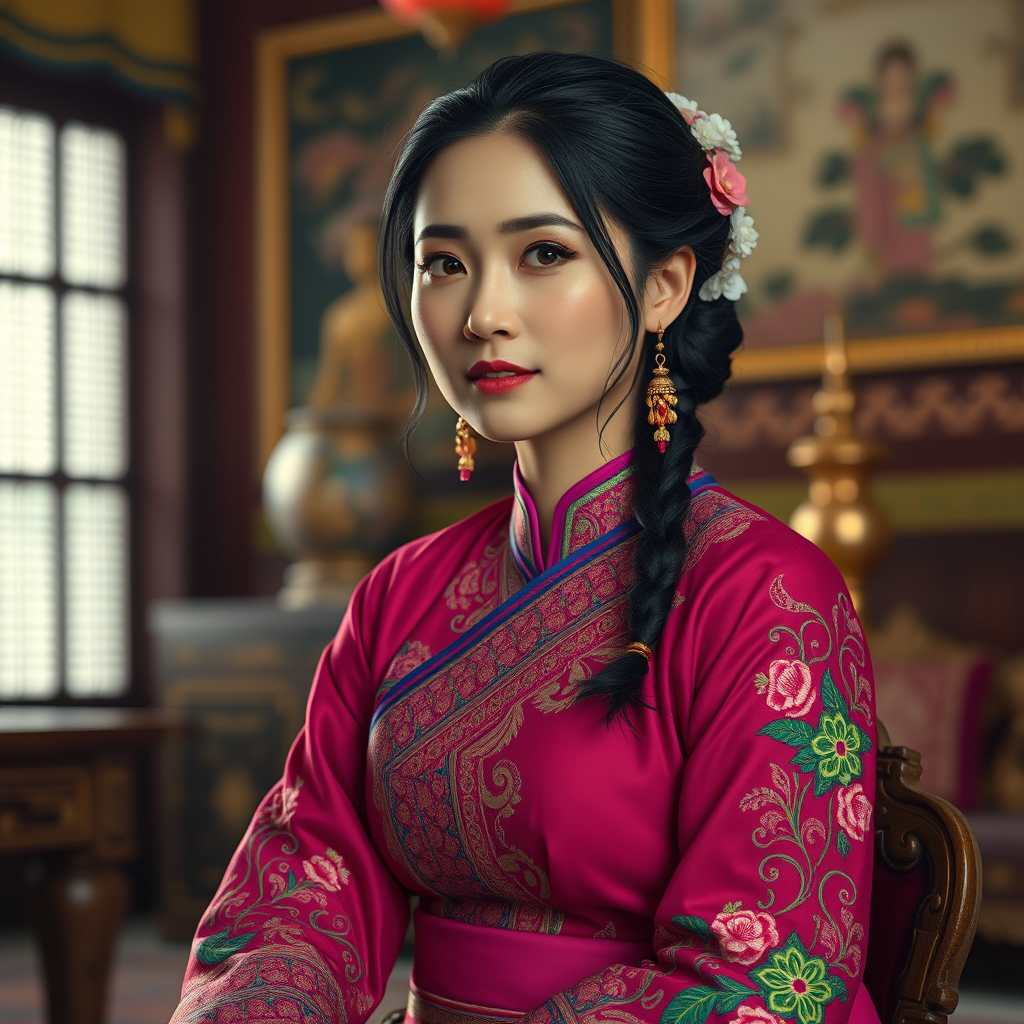 A beautiful Lao woman in traditional East Asian attire, intricately detailed with embroidered patterns, sitting gracefully in a richly decorated room, soft ambient lighting, serene and elegant, ultra-realistic, 8K resolution