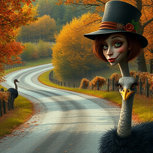 digital art fantasy depicting a strange girl with brown hair, long eyelashes, green lipstick and a tall hat walking along a winding road on an autumn afternoon, an Ostrich smiles as she passes