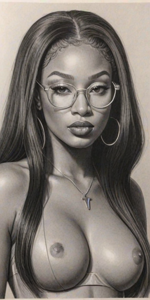 Delightful Megan Thee Stallion, pencil sketch, portrait of Graceful woman 1973s in glasses, hair style beatnik, outline, clear lines, fine lines, 8k