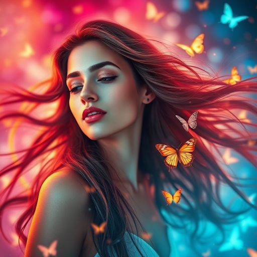 Regenerate the image of a serene woman with flowing hair and ethereal butterflies in a colorful, dreamlike background, using a DSLR camera, 50mm lens, f/1.8 aperture, ISO 100, 1/100 sec shutter speed, soft focus, high dynamic range, and backlit for enhanced glow.