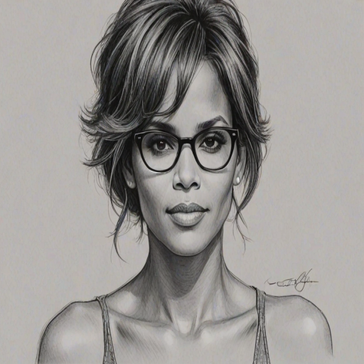 Charming Halle Berry, pencil sketch, portrait of Bewitching woman 1968s in glasses, hair style beatnik, outline, clear lines, fine lines, 8k