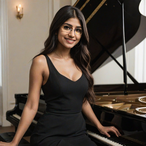 A mia khalifa with long, dark hair smiles at the viewer as she sits at a grand piano, her right hand poised over the keys. The scene is lit by warm, natural light, highlighting the elegant simplicity of the woman's black dress. The perspective is from the side, emphasizing the contrast between the woman's delicate form and the grand scale of the piano. The ivory keys and dark wood of the piano create a striking visual contrast, further emphasized by the rich black of her dress.