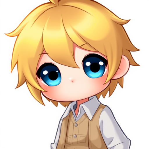Create a high-resolution cartoon character illustration of a blond chibi figure with large blue eyes, wearing a white shirt and a beige vest, in a minimalistic background, using a Canon EOS R5 with a 50mm f/1.2 lens, soft focus, and vibrant colors.