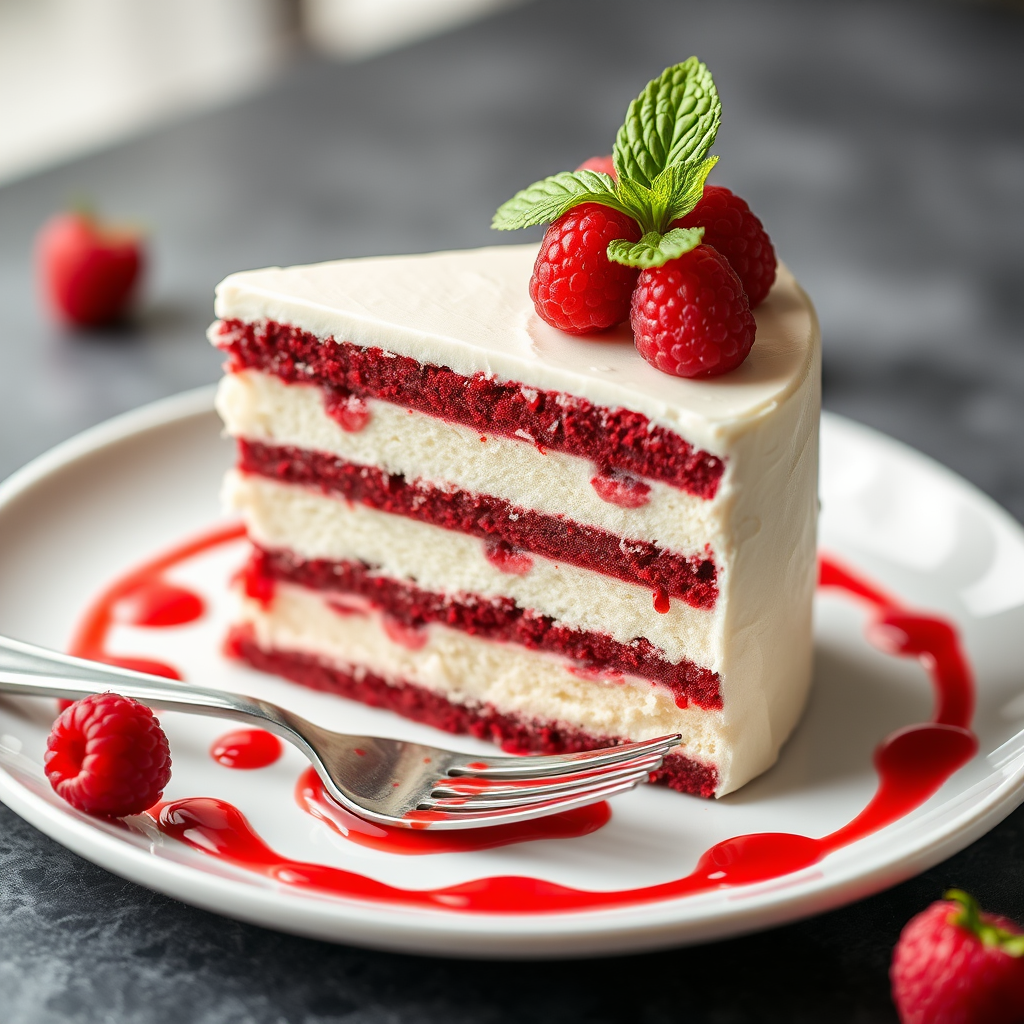 Create an image of a beautifully plated dessert featuring a layered cake. The cake should have alternating layers of white and deep red, resembling a red velvet and cream combination. Top the cake with fresh raspberries and a sprig of mint for garnish. Drizzle raspberry sauce artfully on the plate around the dessert. Ensure there's a fork placed elegantly beside the cake to enhance the presentation. The background and lighting should be soft and inviting to highlight the dessert's texture and color.