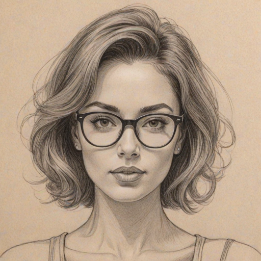 Exquisite Mya, pencil sketch, portrait of Attractive woman 1965s in glasses, hair style beatnik, outline, clear lines, fine lines, 8k