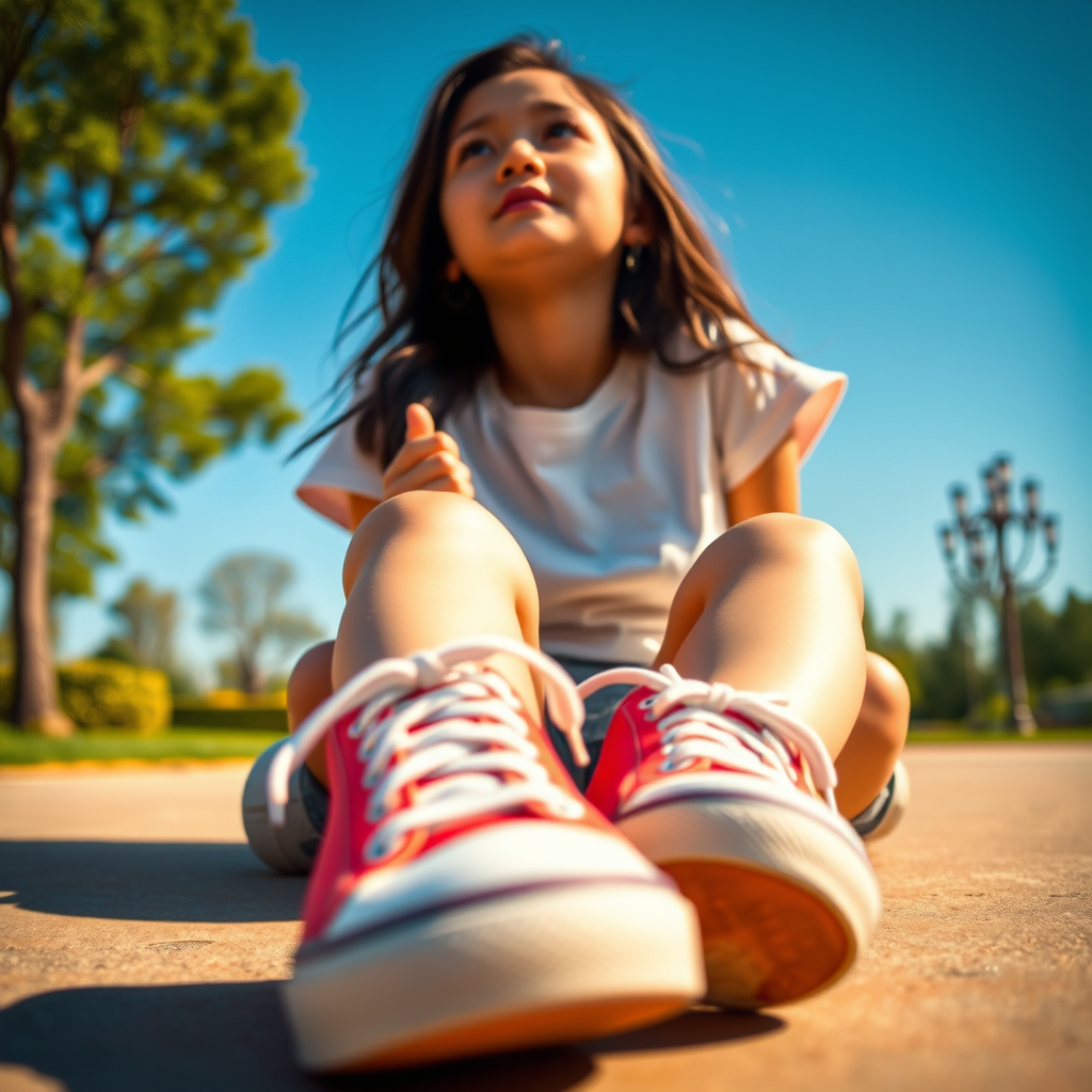 Generate an ultra-realistic, highly detailed, high-definition photograph. It's a photo of a girl sitting on the floor. She's looking at the horizon. The photo is taken from the bottom up, at ground level. The girl's sneakers are in the foreground, in the center of the scene. The girl is wearing light clothes, a t-shirt and short shorts. The sky is blue. Bright environment. The background is a blurred image of a park.