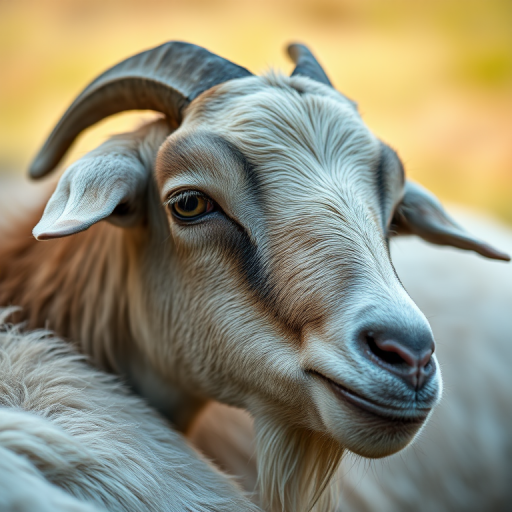 a close-up photograph of a resting goat with soft focus, taken with a Canon EOS R5, 50mm f/1.2 lens, aperture f/2.8, ISO 100, natural light, shallow depth of field to highlight the textures of the fur and the peaceful expression