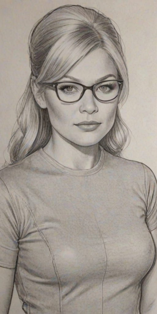 Splendid Beth Phoenix, pencil sketch, portrait of Radiant woman 1962s in glasses, hair style beatnik, outline, clear lines, fine lines, 8k