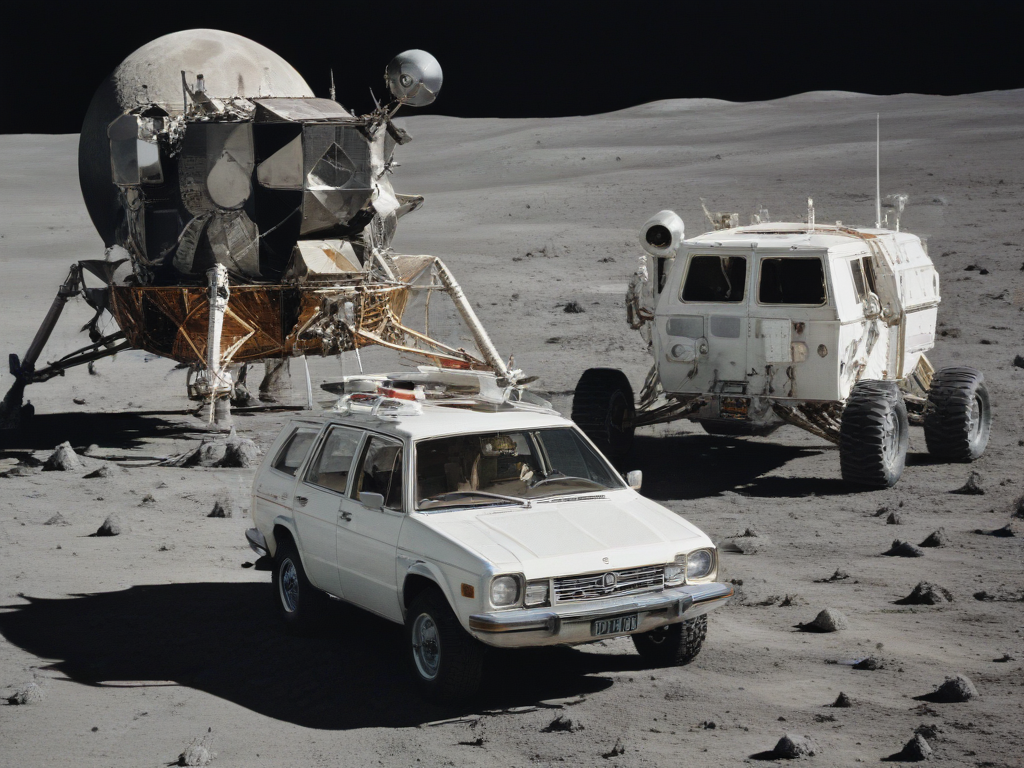 Apollo Lunar Module Eagle next to Volkswagen Bus on the moon
