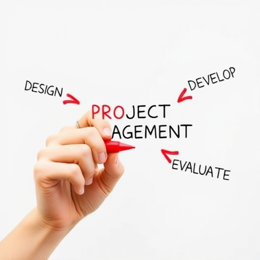 Create an image of a hand holding a red marker writing the words "PROJECT MANAGEMENT" in the center with arrows pointing to the words "DESIGN," "DEVELOP," "ANALYSE," and "EVALUATE," captured in high resolution, with a wide-angle lens, aperture f/4, ISO 100, soft natural lighting, and a clean white background.