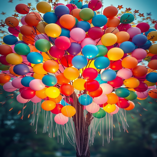 Create a vibrant and colorful digital illustration of a tree filled with numerous balloons in various hues, capturing the essence of joy and celebration, shot with a Canon EOS R5 at f/8, ISO 100, 50mm lens, using a shallow depth of field and soft lighting to enhance the image quality.