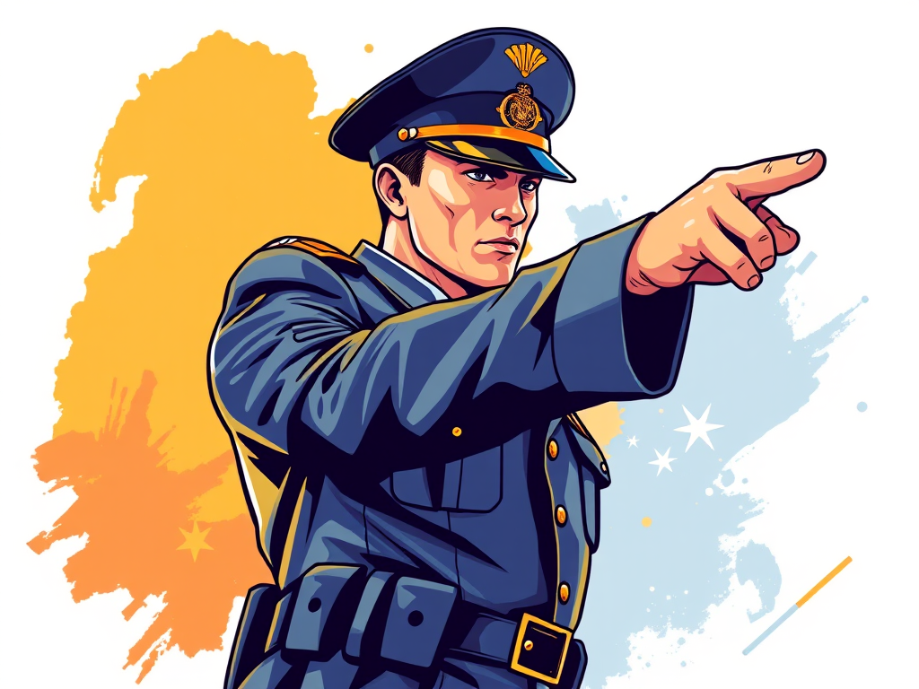 Create a high-quality vector illustration of a uniformed officer pointing decisively, using a vibrant color palette and dynamic lines; camera settings: ISO 100, f/4, shutter speed 1/250s; camera view: side profile; camera style: digital illustration; camera type: mirrorless.