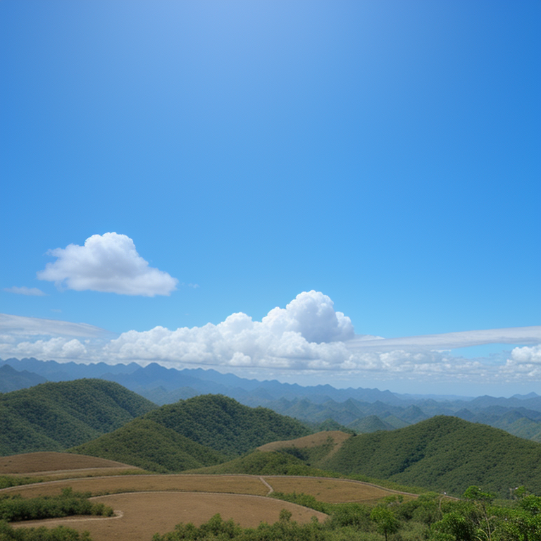 Expansive Mountain Landscape Under a Clear Blue Sky with Fluffy Clouds