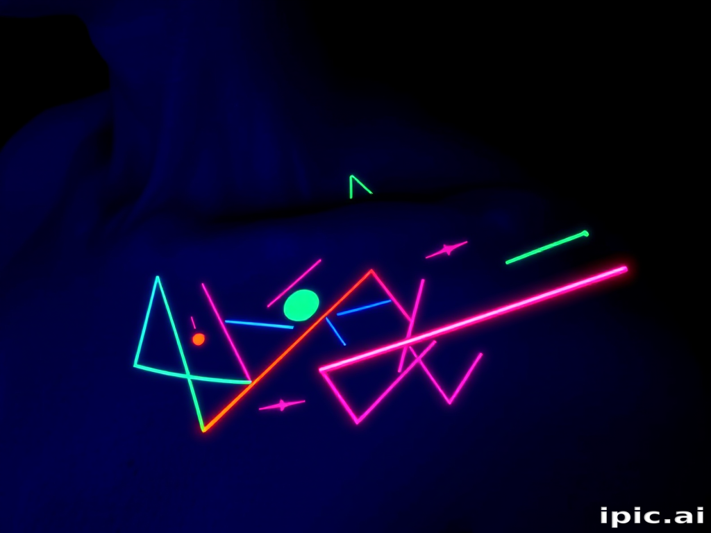 Neon glow-in-the-dark tattoo named "Electric Dreams" showcasing abstract geometric shapes and lines that appear to pulse and glow under UV light in vibrant neon colors