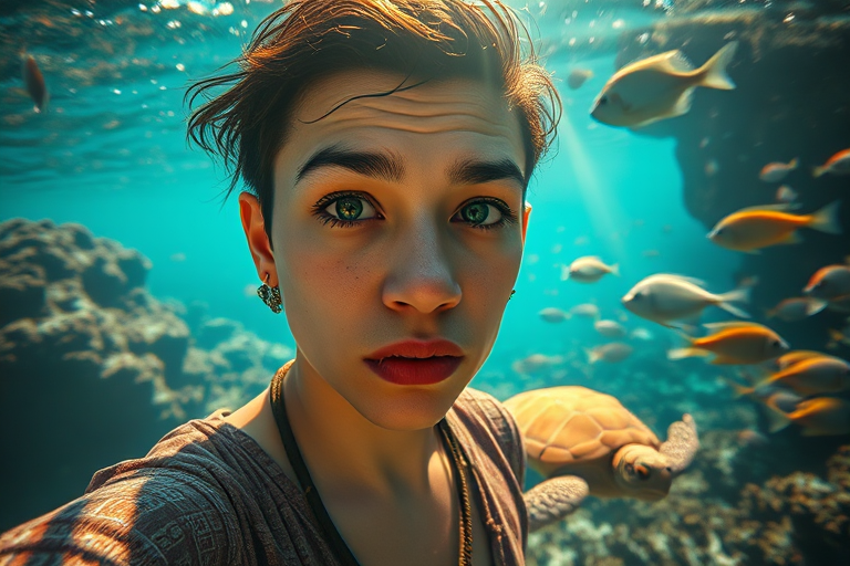 Realistic selfie image of a Hispanic, wearing a vintage outfit, detailed dreamy eyes, droopy hooded eyes, staring at the camera, taken underwater at coral reef with a sunbeam filtering through the water, vibrant, summer vacation, natural lighting, turtle and school of tropical fish with vibrant colors, rendered in the style of CryEngine, Pegi Nicol MacLeod, with realistic genre scenes, hauntingly beautiful narratives, ultra-realism, and Thomas Saliot's close-up technique, 8K resolution, crystal clear and sparkling water.