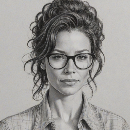 Resplendent Evangeline Lilly, pencil sketch, portrait of Charming woman 1980s in glasses, hair style beatnik, outline, clear lines, fine lines, 8k
