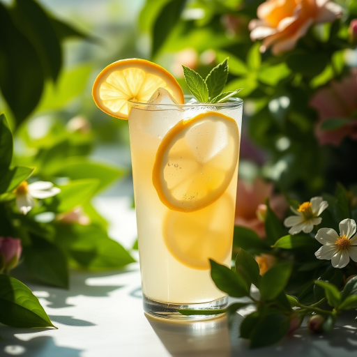 A refreshing glass of lemonade with ice cubes and lemon slices surrounded by lush green leaves and flowers, captured in soft sunlight, shot with a Canon EOS R5 at 50mm f/1.8, ISO 100, shutter speed 1/200s, using a macro lens for enhanced detail and clarity.