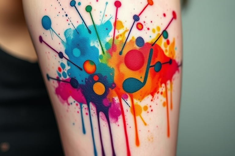 Watercolor splatter tattoo incorporating vibrant bursts of color and dynamic drips, creating an abstract representation of emotions or music through a chaotic yet harmonious blend of hues