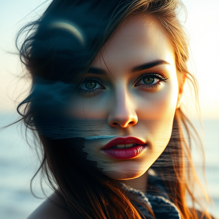 this photo is Book cover, A surreal double exposure portrait that blends a woman's face with a beautiful seascape. The overall mood is dreamy and mystical, with rich colors and intricate details