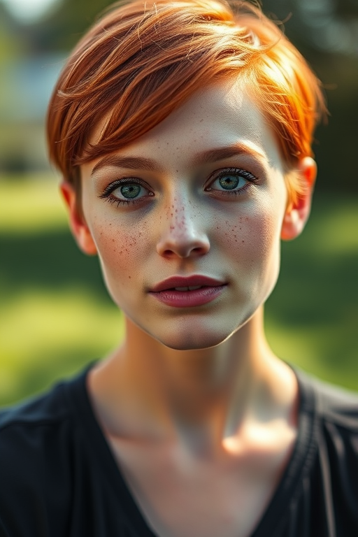 portrait of a young woman with short red hair and freckles, soft natural lighting, shallow depth of field, camera settings: ISO 100, f/2.8, 50mm lens, shooting from eye level with a Canon DSLR, capturing vivid color and texture details.