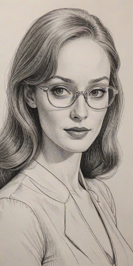 Comely Lotte Verbeek, pencil sketch, portrait of Bewitching woman 1966s in glasses, hair style beatnik, outline, clear lines, fine lines, 8k
