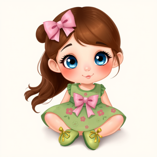 digital illustration of a kid girl with brown hair and blue eyes, sitting on the floor with her legs crossed and her hands resting on her knees. she is wearing a green floral dress with a pink bow on the front and a pair of green shoes with gold ribbon. She has a pink bows on her head. The background is a light beige color with a subtle texture. whimsical and dreamy.The color scheme is soft and muted pastel.