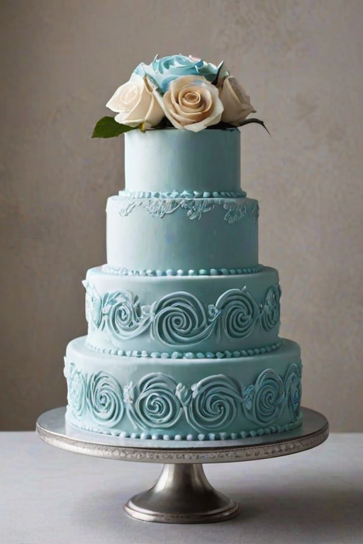 Generate a three-tiered cake with light blue frosting, featuring intricate decorations of swirls and rosettes. Include white icing accents and a smooth, elegant finish. The cake should be presented on a silver cake stand against a simple background.