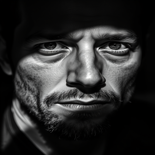 Close-up portrait of a man with deep shadows and high contrast, captured with a Canon EOS R5, 50mm lens, aperture f/1.8, ISO 100, shutter speed 1/200s, natural light, black and white style.