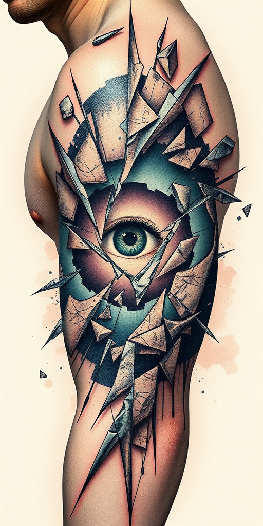 Avant-garde "Fractured Reality" tattoo concept utilizing broken glass effects and optical illusions to create a mind-bending trompe l'oeil design that appears to reveal hidden dimensions beneath the skin