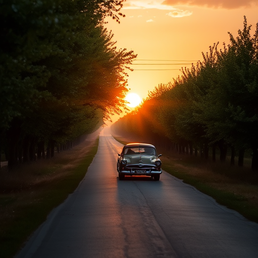 Scenic country road lined with trees, a vintage car cruising along, the sun setting in the background, creating a nostalgic and picturesque moment.