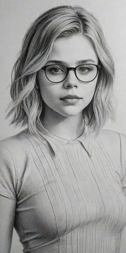 Fascinating Chlo' Grace Moretz, pencil sketch, portrait of Enticing woman 1932s in glasses, hair style beatnik, outline, clear lines, fine lines, 8k