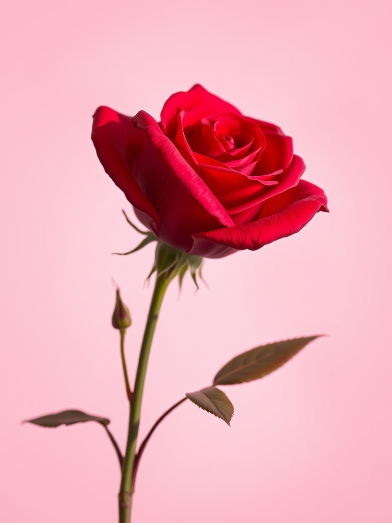 Create a high-resolution image of a red rose with a detailed outline on a soft pink background, captured with a Canon EOS R5, 50mm lens, f/2.8 aperture, ISO 100, bright natural lighting, and shot from a slightly elevated angle to emphasize the rose's features.