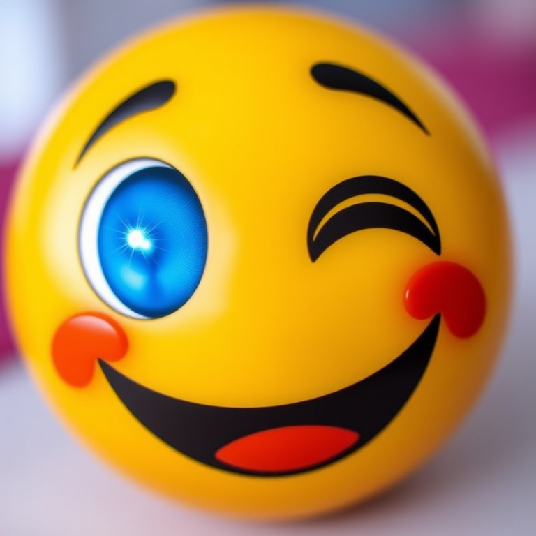 Create a vibrant, smiling emoji face with large sparkling blue eyes and an open mouth, using a DSLR camera with a 50mm lens, aperture set to f/1.8, ISO 100, and a shallow depth of field for enhanced focus on the emoji.