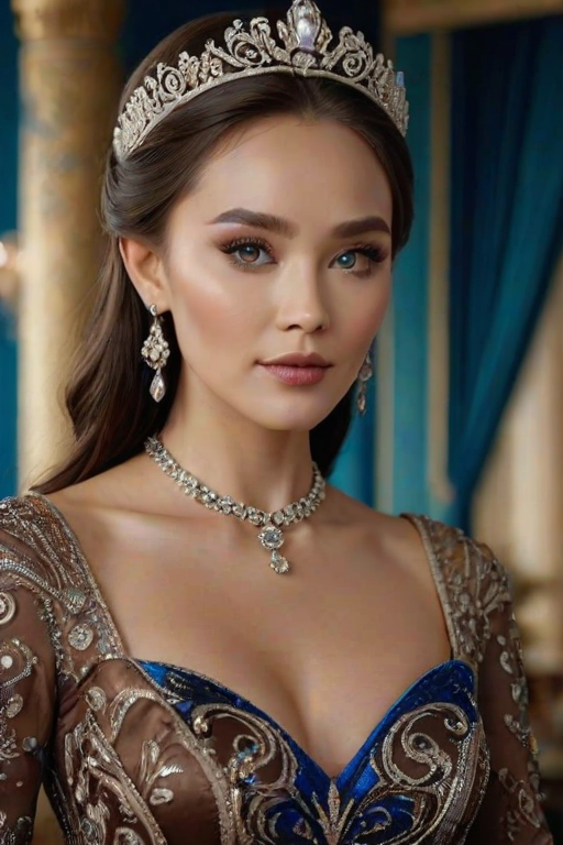 A gorgeous Kazakh woman in a luxurious brown gown, accessorized with a dazzling tiara and statement earrings, her deep blue eyes highlighted by impeccable makeup, poised in a royal setting, photorealistic, 8K quality