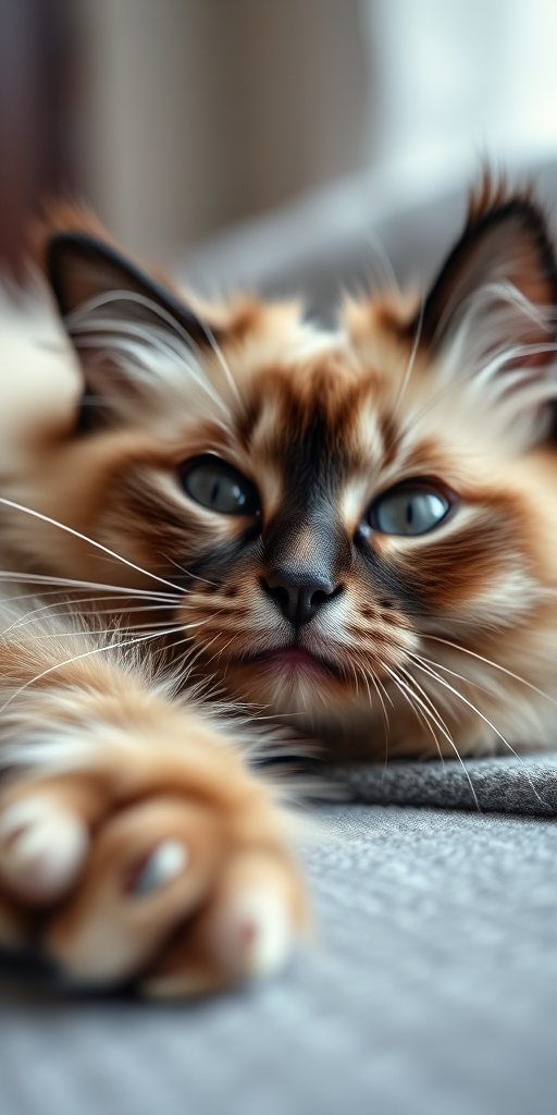 A close-up shot of a playful Ragdoll cat lounging on a soft gray surface, with a shallow depth of field, using a Canon EOS R5 camera with a 50mm f/1.8 lens, aperture f/2.8, ISO 200, and a warm color profile for enhanced image quality.