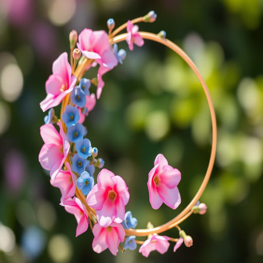 floral wreath design with pink and blue flowers entwined in a golden circle, soft focus, 50mm lens, f/2.8 aperture, ISO 100, bright natural light, high-resolution image
