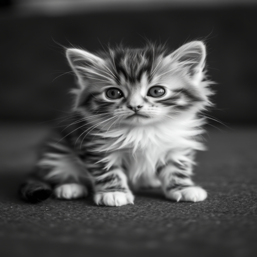 A close-up shot of a fluffy kitten sitting on a textured surface, using a DSLR camera with a 50mm lens, aperture set to f/1.8 for shallow depth of field, ISO 200 for low noise, and a shutter speed of 1/200s in black and white to capture soft contrasts and details.