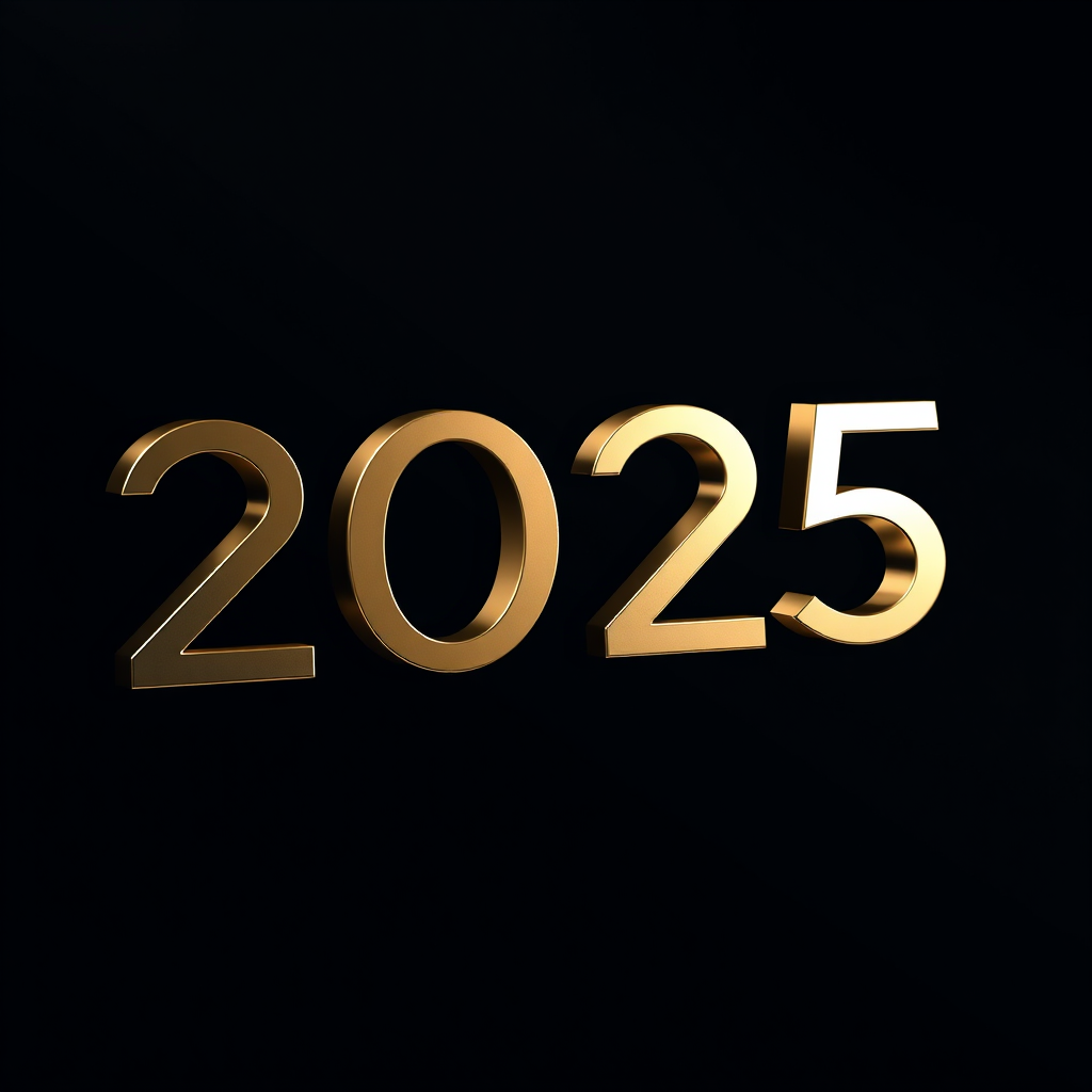 Create a high-resolution image of the year 2025 displayed in a modern and sleek design, featuring gold and silver numeric elements against a dark background with subtle shadows, shot with a 50mm lens at f/1.8, using a DSLR camera, in a soft-focus style to enhance depth and clarity.