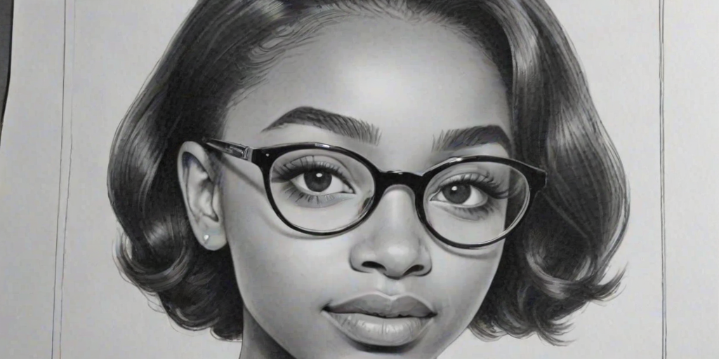 Dazzling Skai Jackson, pencil sketch, portrait of Attractive woman 1953s in glasses, hair style beatnik, outline, clear lines, fine lines, 8k