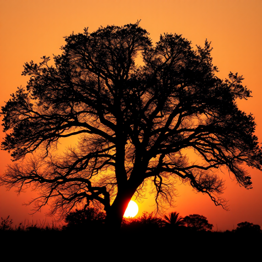 Create a high-resolution silhouette of a tree against a sunset background, using a Canon EOS R5 camera, 50mm lens, f/1.8 aperture, ISO 100, with a soft focus style and a warm color balance to enhance the image quality.
