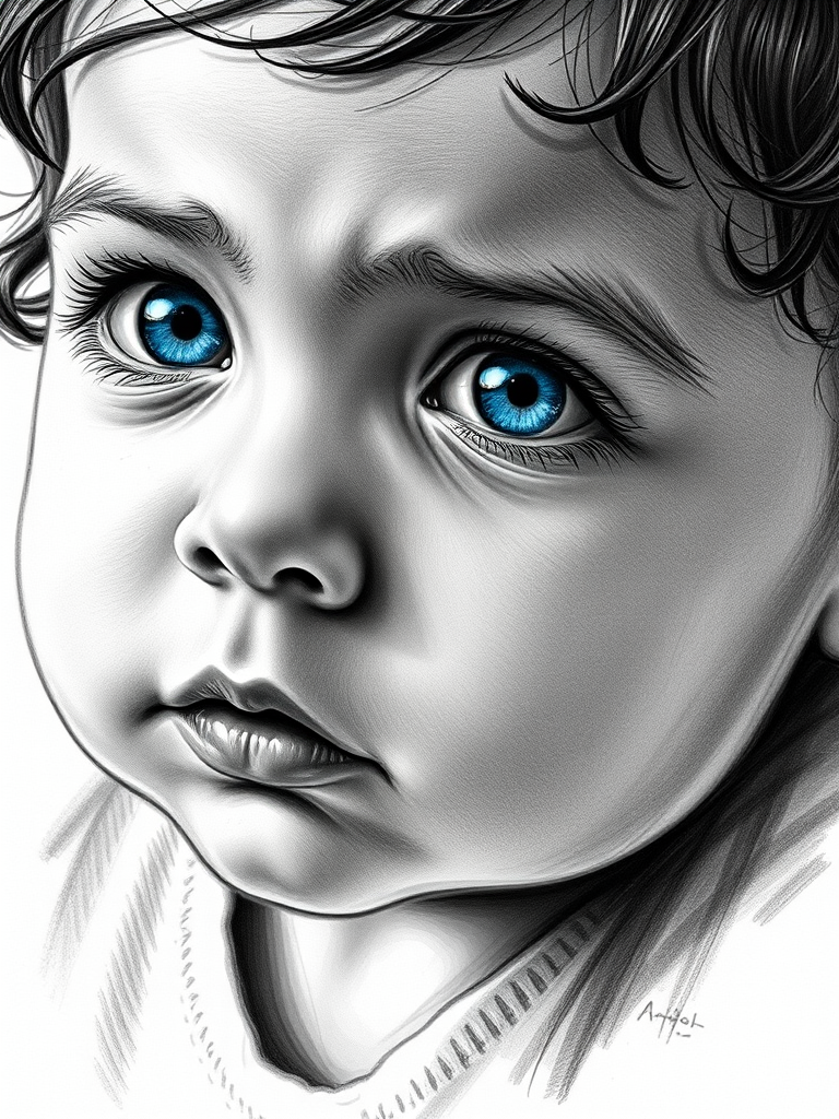 A hyperdetailed photorealistic black and white sketch of a beautiful toddler with deep blue eyes, with a macro focus