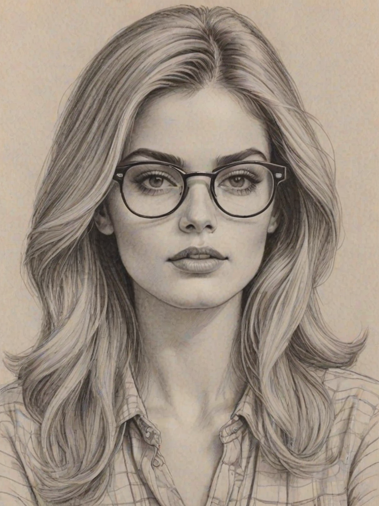 Splendid Brighton Sharbino, pencil sketch, portrait of Gorgeous woman 1976s in glasses, hair style beatnik, outline, clear lines, fine lines, 8k