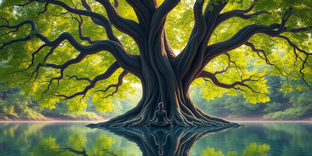 Create an illustration of a large tree with vibrant green leaves and a thick brown trunk, featuring a tranquil meditation figure in front of it, emphasizing the roots extending into a serene water reflection, captured with a DSLR camera at f/2.8 aperture, 35mm lens, landscape orientation, soft natural light for enhanced colors and depth.